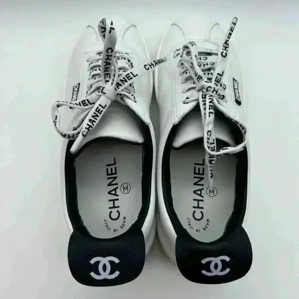 Chanel White Leather Casual Sneakers: Women's Size 36.5 Logo Laces CC
